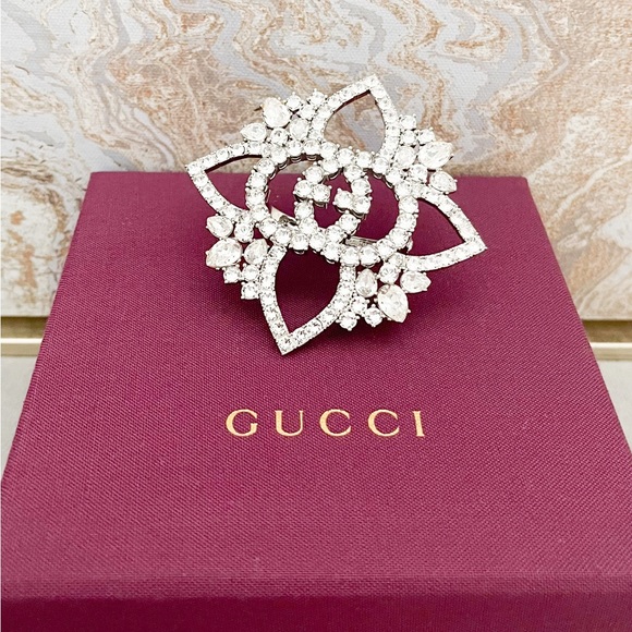 RUNWAY New! Gucci Strass Crystal Interlocking GG Flower Multi-Finger Ring - Picture 6 of 11
